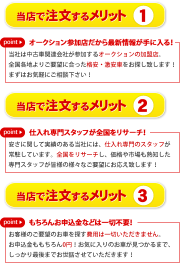 【当店で注文するメリット1】オークション参加店だから最新情報が手に入る！当社は中古車関連会社が参加するオークションの加盟店。全国各地よりご要望に合った格安・激安車をお探し致します！まずはお気軽にご相談下さい！【当店で注文するメリット2】仕入れ専門スタッフが全国をリサーチ！安さに関して実績のある当社には、仕入れ専門のスタッフが常駐しています。全国をリサーチし、価格や市場も熟知した専門スタッフが皆様の様々なご要望にお応え致します！【当店で注文するメリット3】もちろんお申込金などは一切不要！お客様のご要望のお車を探す費用は一切いただきません。お申込金ももちろん0円！お気に入りのお車が見つかるまで、しっかり最後までお世話させていただきます！